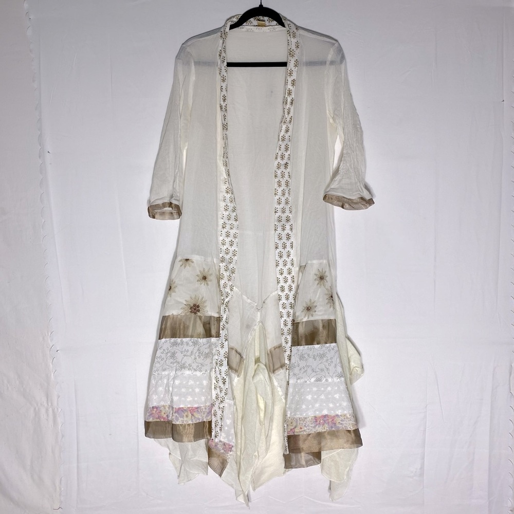 April Cornell Cream Cotton Multi Print Patchwork Open Duster Kimono Cover Up M